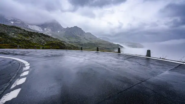 Cloudy and rainy day in Furka pass in Switzerland.