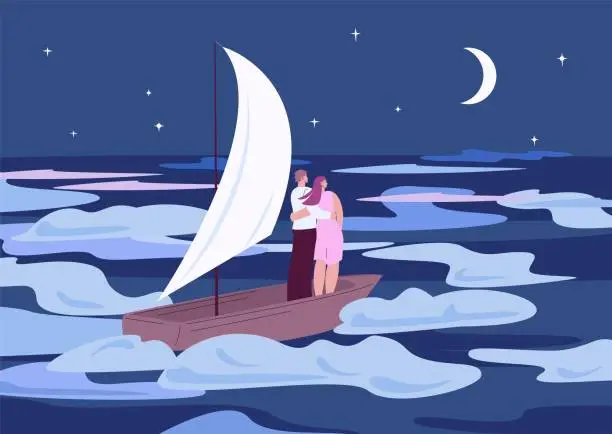 Vector illustration of Travel in dreams. Night journey in sky, observation and explore new horizon concept. Family look at future, young kicky adults fly in boat vector imagination scene