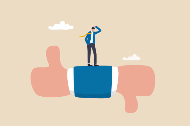 Performance evaluation, customer feedback or business decision making, customer satisfaction, opinion or service quality concept, thoughtful businessman thinking on thumb up and thumb down feedback. Performance evaluation, customer feedback or business decision making, customer satisfaction, opinion or service quality concept, thoughtful businessman thinking on thumb up and thumb down feedback. The Power of Reviews and Testimonials stock illustrations