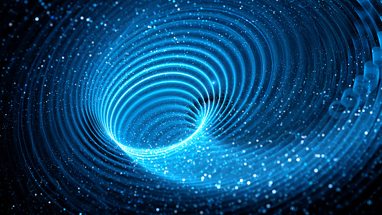 Blue glowing wormhole in space, computer generated abstract background, 3D rendering