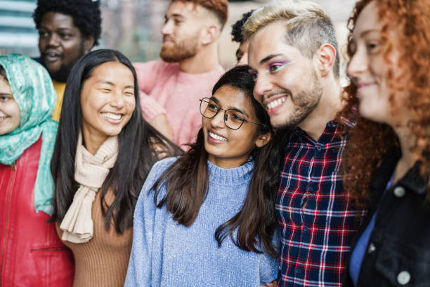 istock Young diverse people having fun outdoor laughing together - Diversity concept - Focus on indian girl face 1403040199