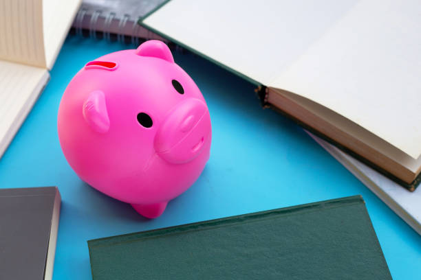 istock Pink piggy bank with books 1403041317