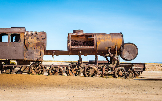 Old cemetery of abandoned steam-powered trains, Uyuni, Bolivia