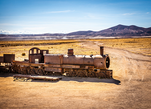 Abandoned railway train graveyard in Uyuni. Bolivia