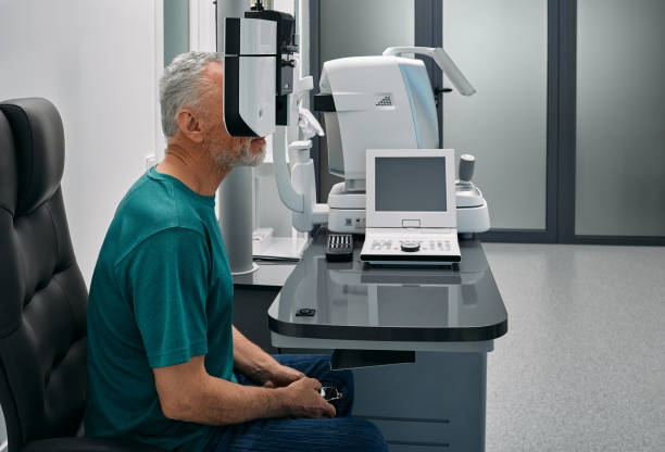 istock Senior man has eye test in ophthalmological clinic using phoropter. Eye test, vision diagnostic 1403042684