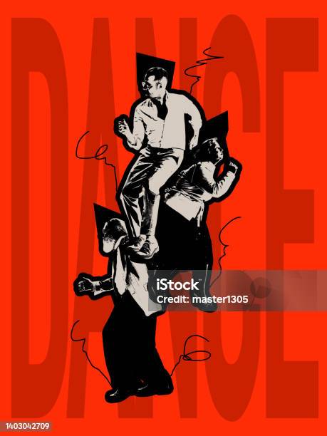 Collage With Three Dancer Dressed In 70s 80s Fashion Style Dancing Rockandroll Over Red Background With Lettering Poster Graphics Stock Photo - Download Image Now