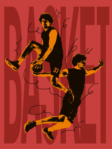 artwork with male basketball player jumping with ball over red background with lettering. poster graphics. concept of sport, action, art, creativity - 籃球 團體運動 圖片 個照片及圖片檔