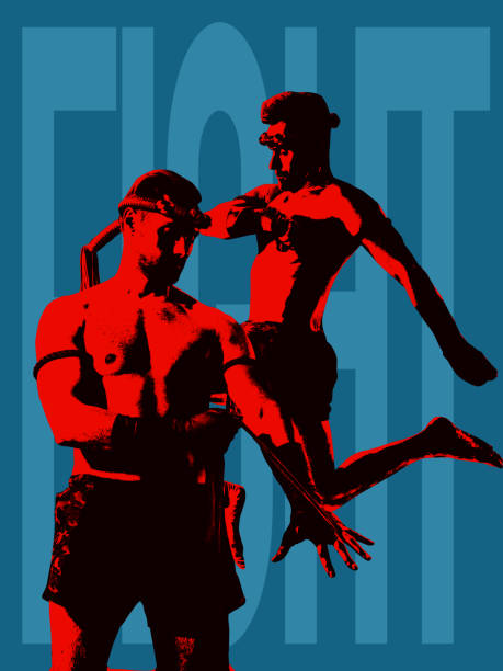 istock Creative collage with male mma fighter training isolated over blue background with lettering. Poster graphics. Concept of sport, action, art, creativity 1403042719