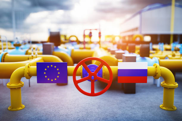 Gas transmission between Russia and EU. Valve on pipeline stock photo