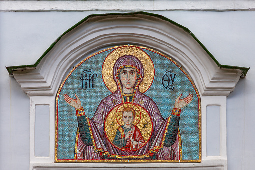 Masaic icon of the Mother of God on the wall of the Orthodox Church.