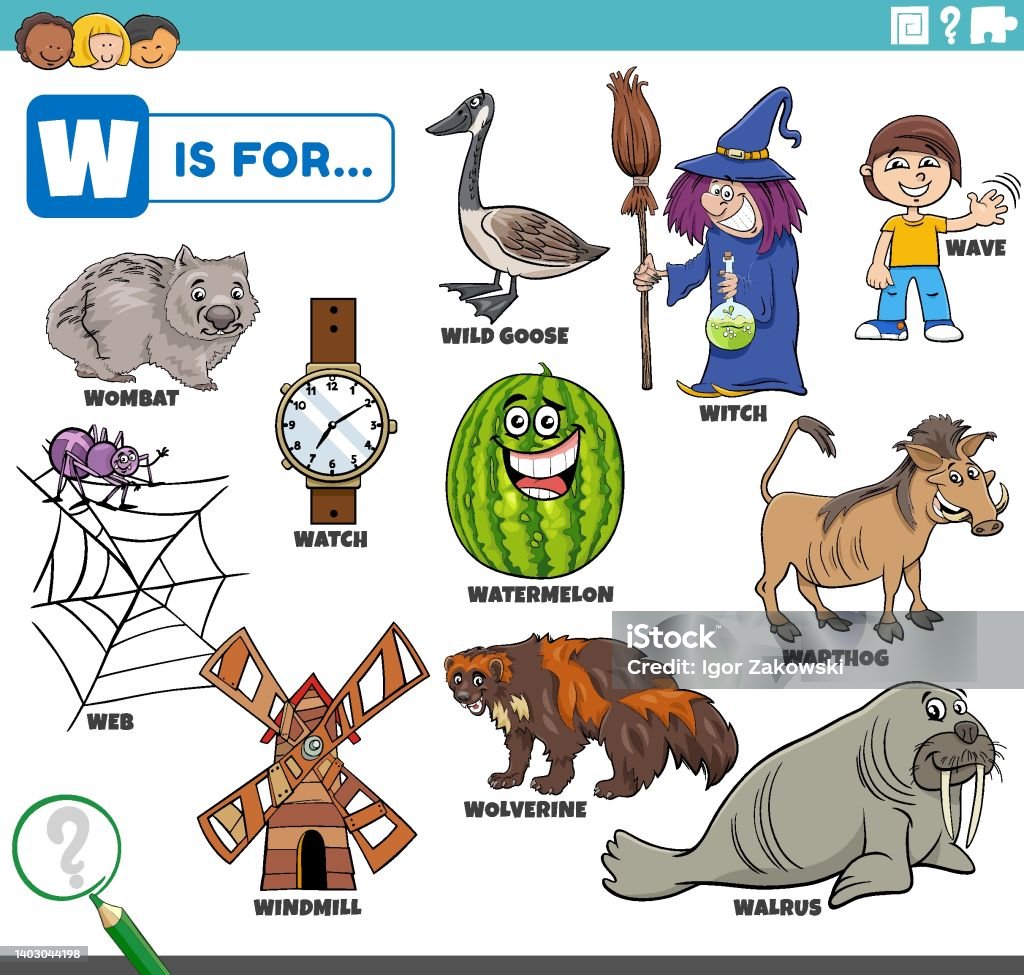 Letter W Words Educational Set With Cartoon Characters Stock Illustration -  Download Image Now - iStock
