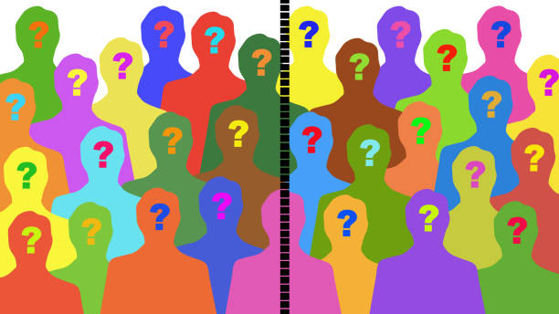 ilustrações de stock, clip art, desenhos animados e ícones de divided questioned men - question mark asking audience confusion