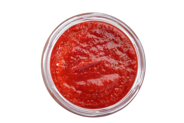 istock red tomato sauce in a glass bowl isolated on a white background, top view 1403045662