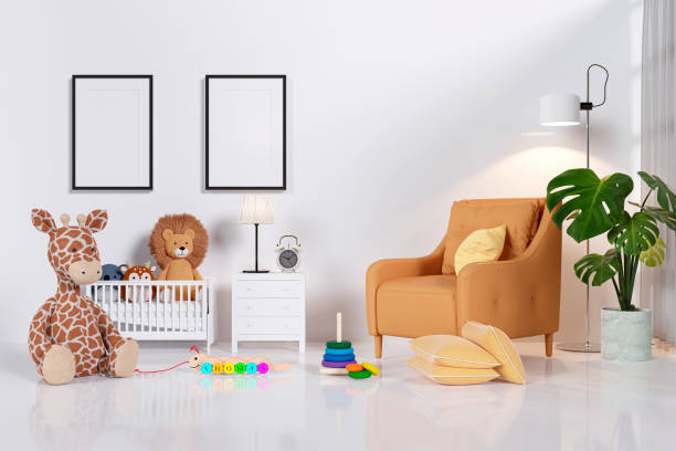 istock Mock up nursery room with white wall and picture frames. 3 d rendered image. 1403047532
