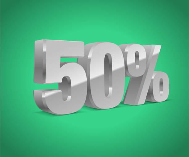 istock 50 percent off, sale background, silver gray metal object 3D. Eps10 Vector sign illustration. 1403047710