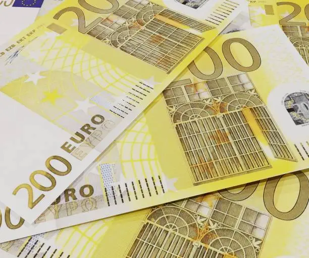 stack of bank notes two hundred euro cut out isolated 3d rendering