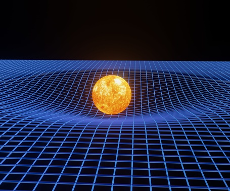 Gravitational force from the sun and the planet in the space 3d rendering