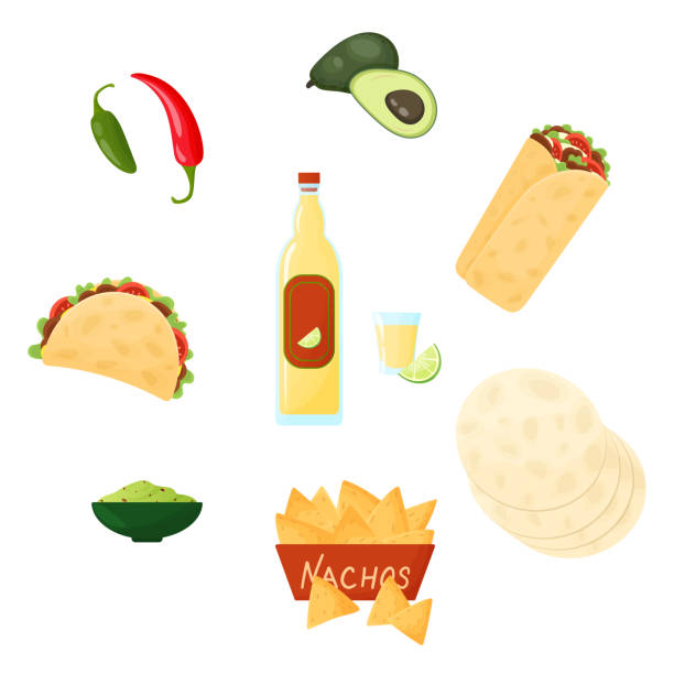 set der mexikanischen küche. vektorillustration von mexikanischem essen. burrito taco nachos tortilla guacamole tequila avocado chili jalapeno isoliert auf weißem hintergrund - tortillas stock-grafiken, -clipart, -cartoons und -symbole