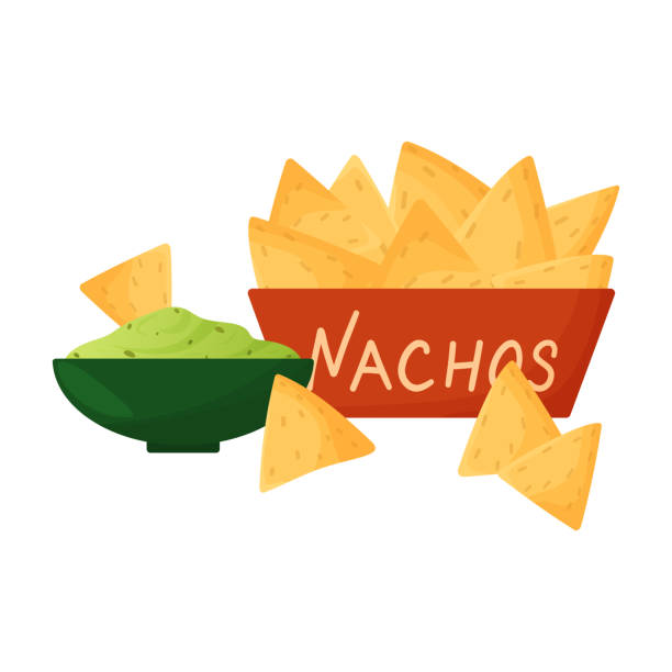 Cartoon nachos with guacamole isolated on white background. Vector illustration of mexican food Cartoon nachos with guacamole isolated on white background. Vector illustration of mexican food nacho chip stock illustrations