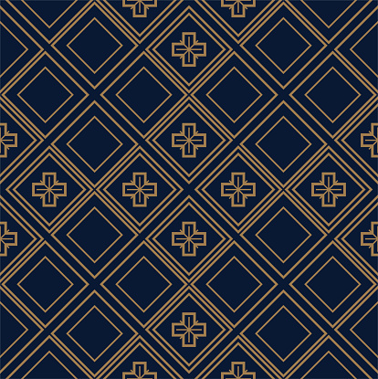 Art Deco cross pattern. Gold and navy blue ornamental background. Interior decor design.