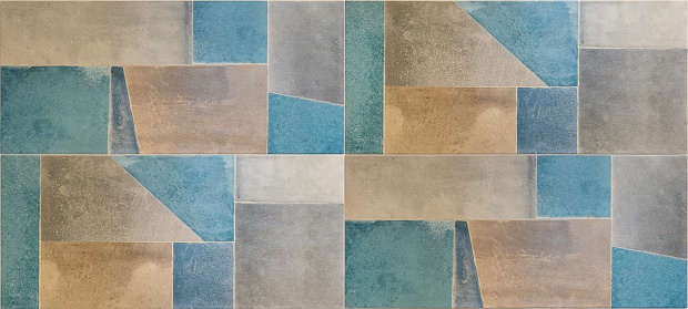 Abstract blue beige colorful geometric cement stone tile mirror wall or floor, tiles texture background