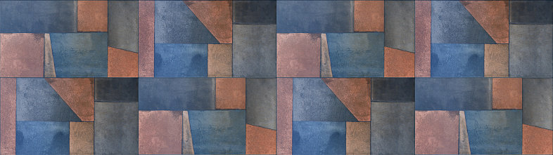 Abstract blue orange colorful geometric cement stone tile mirror wall or floor, tiles texture background banner panorama