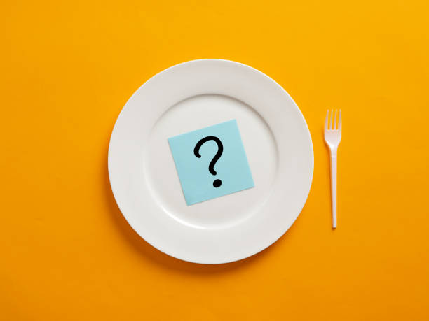 istock Notepaper with question mark symbol on a white plate with yellow background. Nutrition and diet 1403052042