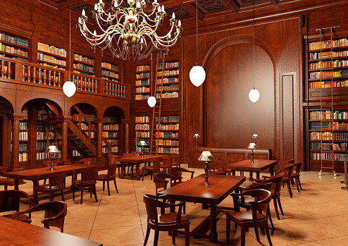 3D rendering of an old library interior