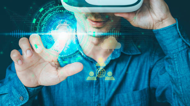 istock Man wearing VR glasses virtual Global Internet connection metaverse, Management System, online documentation database and process, future technology. 1403054623