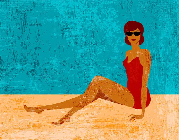 Vector illustration of girl in a bathing suit on the beach