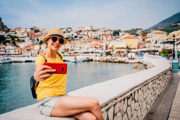 istock Young woman taking selfie from the seaside 1403057761