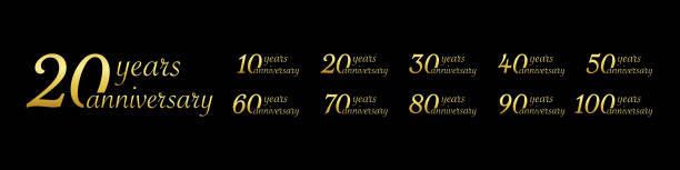 Anniversary logo. Anniversary year numbers. Gold birthday numbers. 10, 20, 30, 40, 50, 60, 70, 80, 90 and 100 years. Ribbon for premium, celebrate and wedding. Vector Anniversary logo. Anniversary year numbers. Gold birthday numbers. 10, 20, 30, 40, 50, 60, 70, 80, 90 and 100 years. Ribbon for premium, celebrate and wedding. Vector. 70th stock illustrations