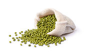 green mung bean in hemp sack bag isolated on white