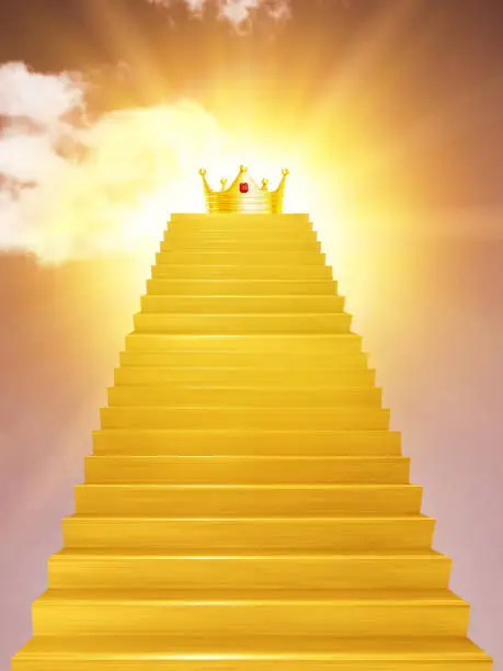 Photo of the golden crown on the golden ladder The most successful business idea, the 1st place.