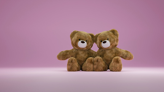 Couple of brown teddy bear on pink background, 3d rendering