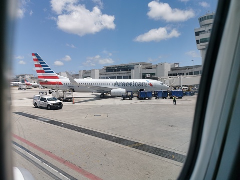 Miami, USA - May 25, 2022 - American Airline Plane on the Tarmac at the Miami International Airport.