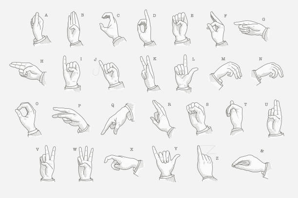 illustrazioni stock, clip art, cartoni animati e icone di tendenza di lettere complete impostate in un alfabeto di gesti della mano sordomuta. - deaf american sign language hand sign human hand