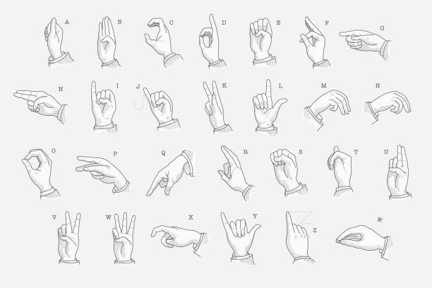 ilustrações de stock, clip art, desenhos animados e ícones de full letters set  in a deaf-mute hand gesture alphabet. - sign language american sign language text human hand