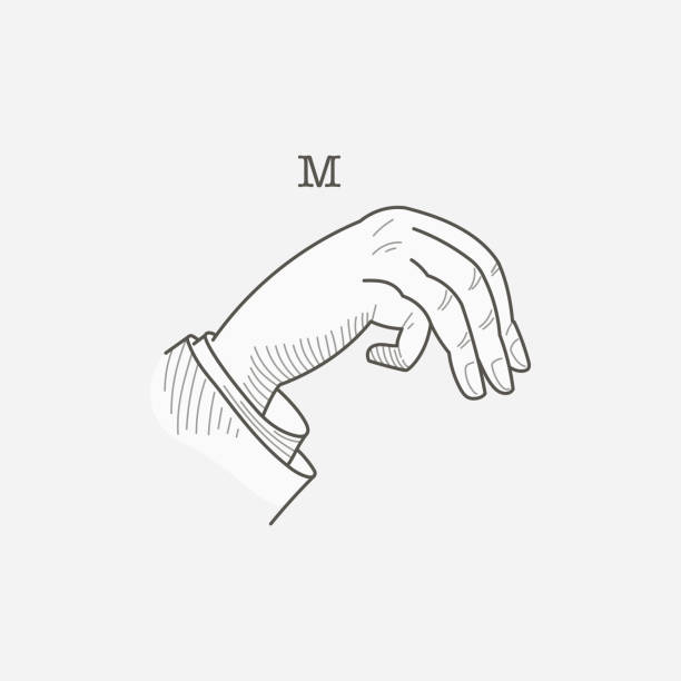 illustrazioni stock, clip art, cartoni animati e icone di tendenza di logo della lettera m in un alfabeto dei gesti delle mani sordomuto. - letter m sign language american sign language deaf