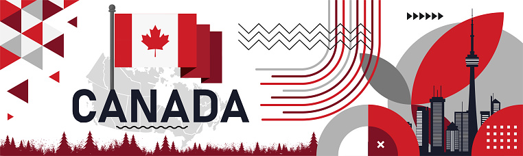 Canada day banner for independence day of Canada. Retro abstract design with Canadian flag. Vector Illustration. Red White theme with Maple leaf. Toronto skyline. Vector Illustration.