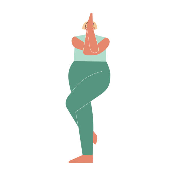 Vector illustration with female character. Sportive woman learns Balancing posture Garudasana at yoga class. Fitness exercise - Eagle Pose Vector isolated illustration with flat female character. Sportive woman learns Balancing posture Garudasana at yoga class. Fitness exercise - Eagle Pose garudasana illustrations stock illustrations