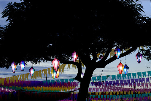 celebration of the festa junina in brazil, when colored flags and decorative balloons are usually used in the decoration