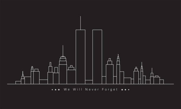 911愛国者の日。ツインタワーのあるニューヨーク市のスカイライン。2001年9月11日 ナショナル・デー・オブ・メモリブランス世界貿易センター。私たちは決して忘れません。 - new york city skyline new york state freedom点のイラスト素材／クリップアート素材／マンガ素材／アイコン素材