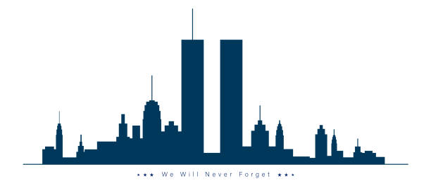911 patriot day. skyline von new york city mit twin towers. 11. september 2001 nationaler gedenktag. world trade center. wir werden es nie vergessen. - twin towers manhattan stock-grafiken, -clipart, -cartoons und -symbole
