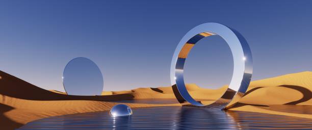 istock 3d render, abstract fantastic panoramic background with round mirror geometric shapes among the desert sand dunes. Landscape under the clear blue sky. Modern minimal aesthetic wallpaper 1403067030