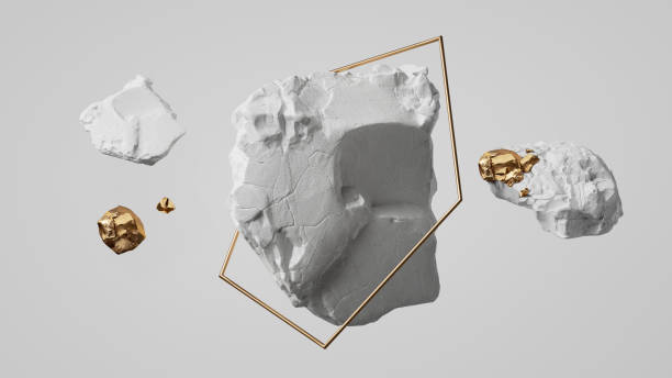 istock 3d render, abstract white background with levitating chalk stones rocks and golden geometric frame, aesthetic minimalist wallpaper 1403067496
