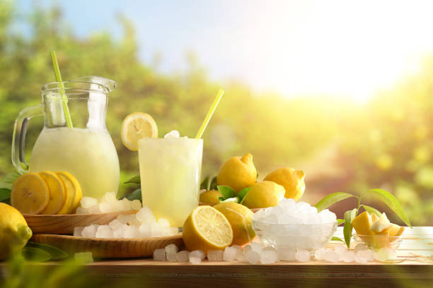 Lemonade with ice on table with lemon trees in background Lemonade with ice in a pitcher and glass on a wooden table with fruit and crushed ice outside with a lemon field in the background on a sunny day. Front view. Horizontal composition. lemon soda photos stock pictures, royalty-free photos & images