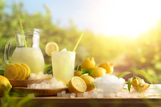 lemonade with ice on table with lemon trees in background - freshly squeezed imagens e fotografias de stock