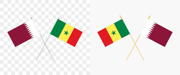 qatar and senrgal crossed flags. pennon angle 28 degrees. options with different shapes and colors of flagpoles - silver and gold. example of flags on transparent background. vector - qatar senegal 幅插畫檔、美工圖案、卡通及圖標