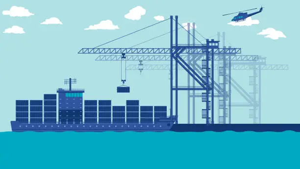 Vector illustration of flat cartoon side view of transport cargo sea ship loading containers and harbor crane at port